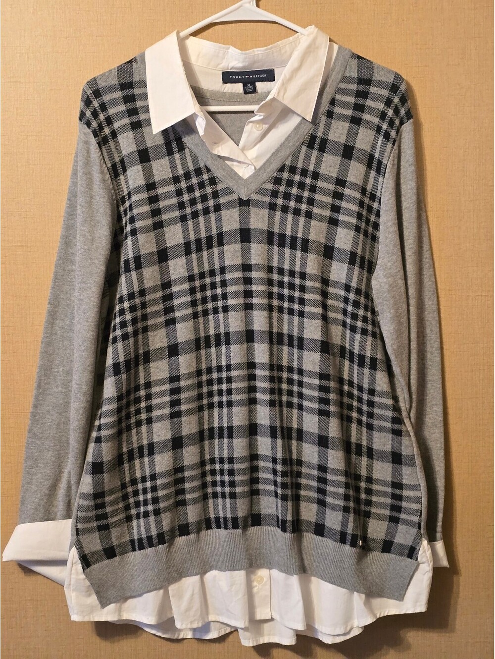 Tommy Hilfiger Plaid 2-in-1 Layered Sweater White Collared Shirt Gray Black XL